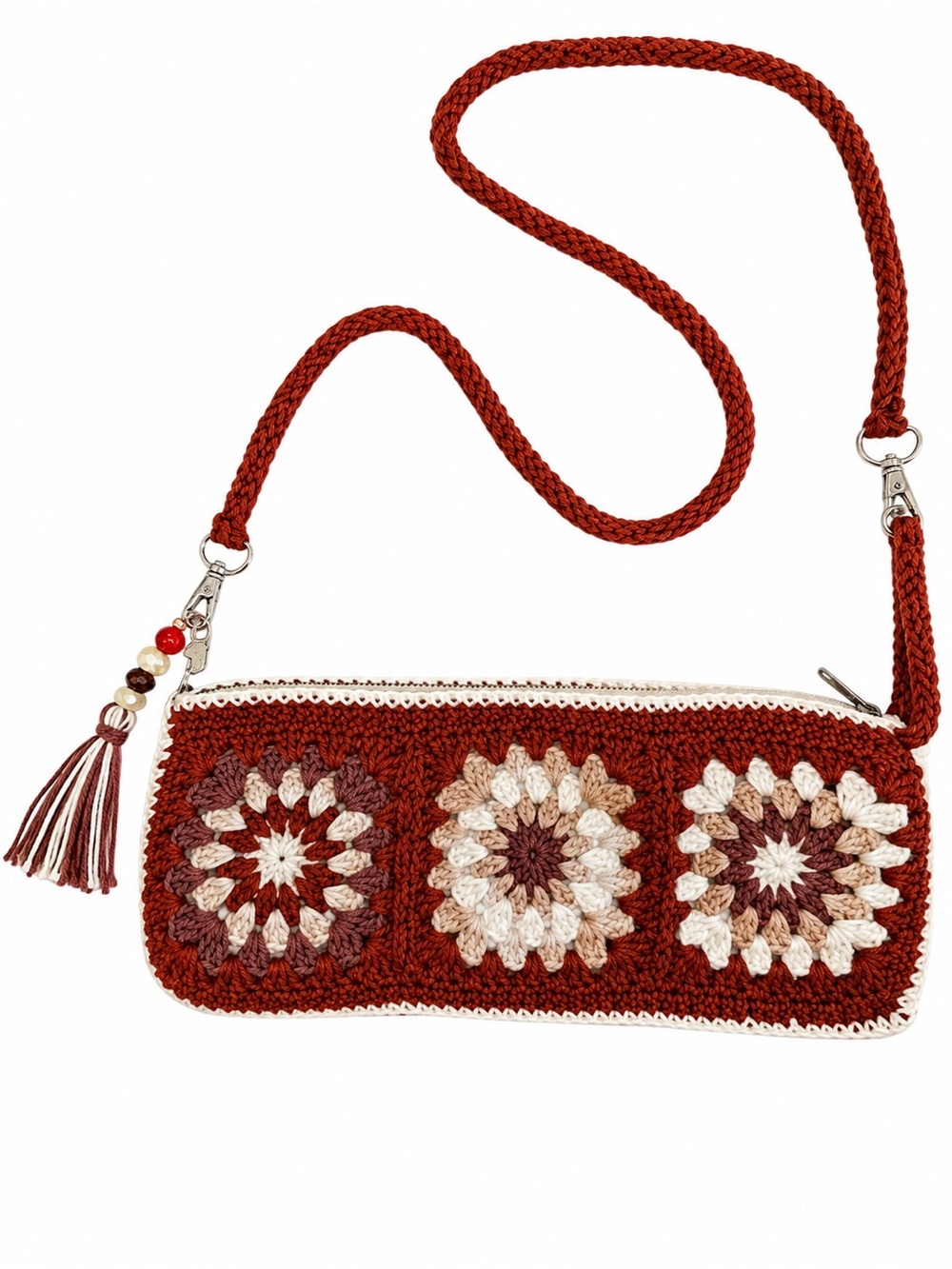 Boho Crochet Crossbody Bag in Rust and Cream NWOT